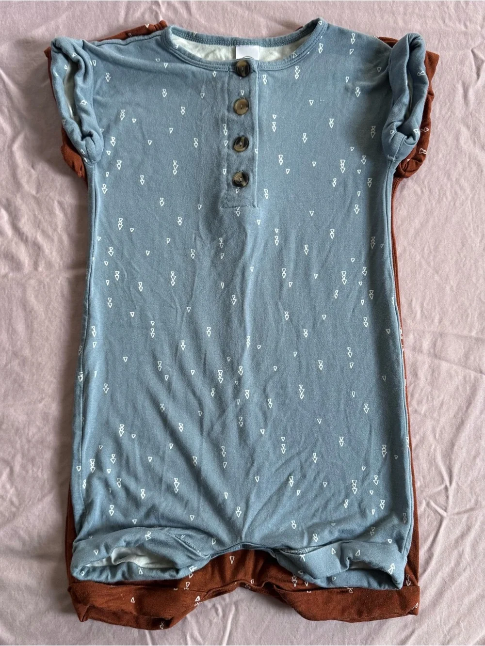 Lou Lou & Company Short-Sleeve Rompers in Rust and Dusty Blue